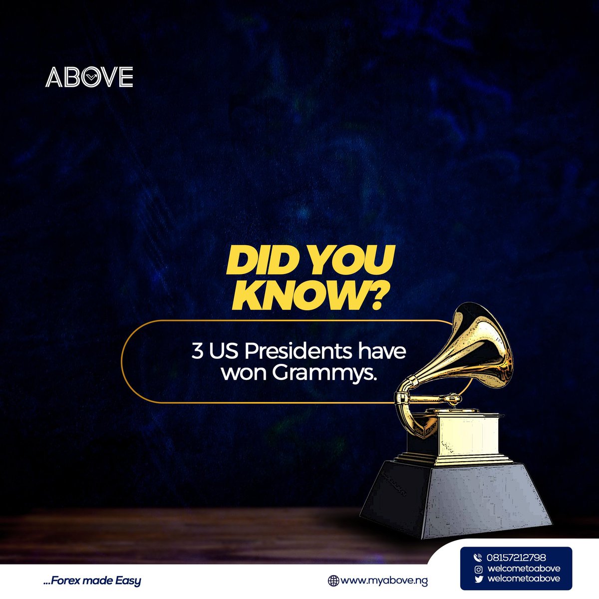 Did you know?

3 US Presidents have won Grammys.

Click on the link in our bio to get the best rates when you trade any of our E-Currencies.

#Aboveexchange #Abovefx #Above #capitalcom #davido #AlatAt5 #oloye #ramos #enugu #cryptocurrencynews #music #musicandcrypto #grammys