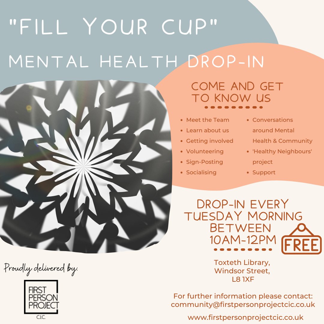 First Person Project CIC are excited to announce our 'Mental Health Drop-In' starting from Tuesday Morning in Toxteth Library! ... Lets start a conversation around Mental Health this Mental Health Awareness Week! 

#mentalhealthawareness #wellbeing #mentalwellness