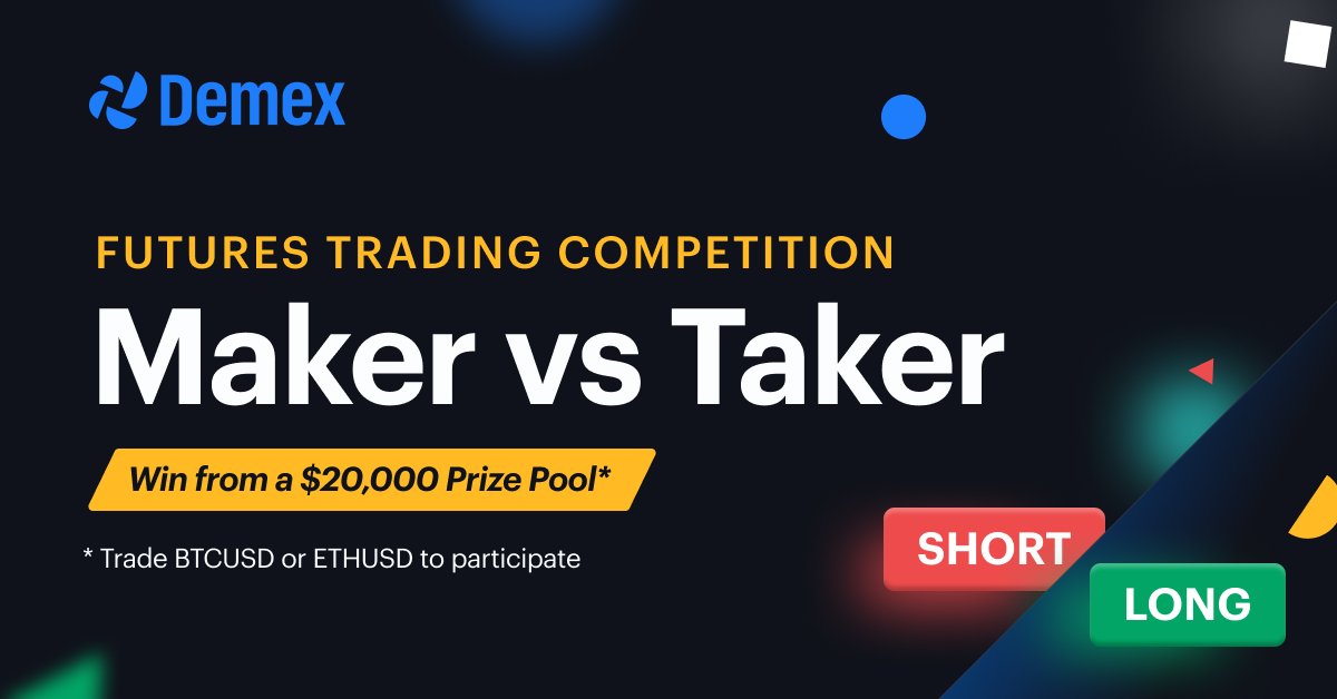 demexchange's tweet photo. 🏆 The #MakervsTaker trading competition is now live on #Demex! 🚀 Trade on the #DemexFutures markets for a chance to win from a $20,000 prize pool 🎊

🏁 4 May - 2 June 2022
🏁 ETHUSD &amp; BTCUSD markets w/ 24 June expiry
🏁 Rules https://t.co/2zvnp4Gljr

https://t.co/toYTInvDI4 https://t.co/OOzYojb37M