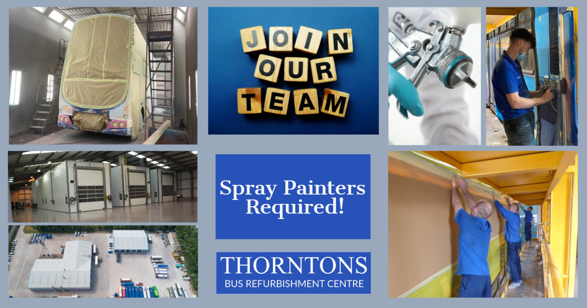 ThorntonsBus's tweet photo. Spray Painters Required!! - Due to a further increase in demand for our Refurbishment Services, we are pleased to be recruiting for more Spray Painters! - please email us to apply: info@thorntonsbuses.co.uk 👩‍🎨🧑‍🎨👨‍🎨 https://t.co/pg6mtThyjB