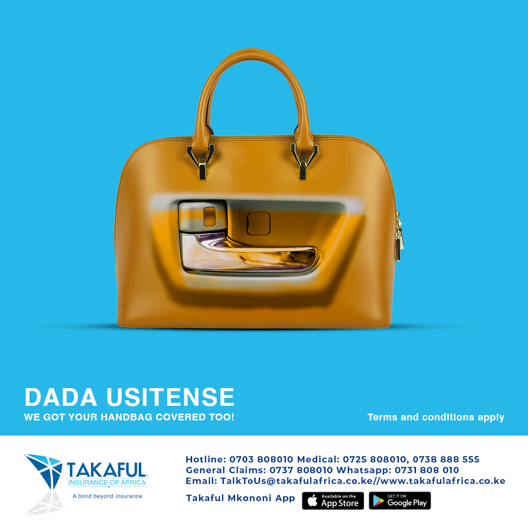 Takaful_Africa's tweet photo. Usistress! With Dada Takaful, we will replace your handbag if you lose it in an accident. Get insurance that is tailored to the unique needs of a 
woman.Visit https://t.co/38A15v1GR4 or WhatsApp 0731808010  to get a quote.
#DadaUsitense #DadaTakaful #NonConventionalInsurance https://t.co/eSBzC1y9pj