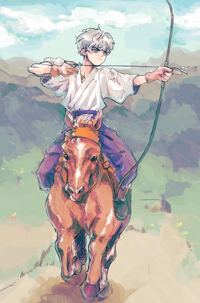 horseback riding riding weapon bow (weapon) 1boy gloves holding weapon  illustration images