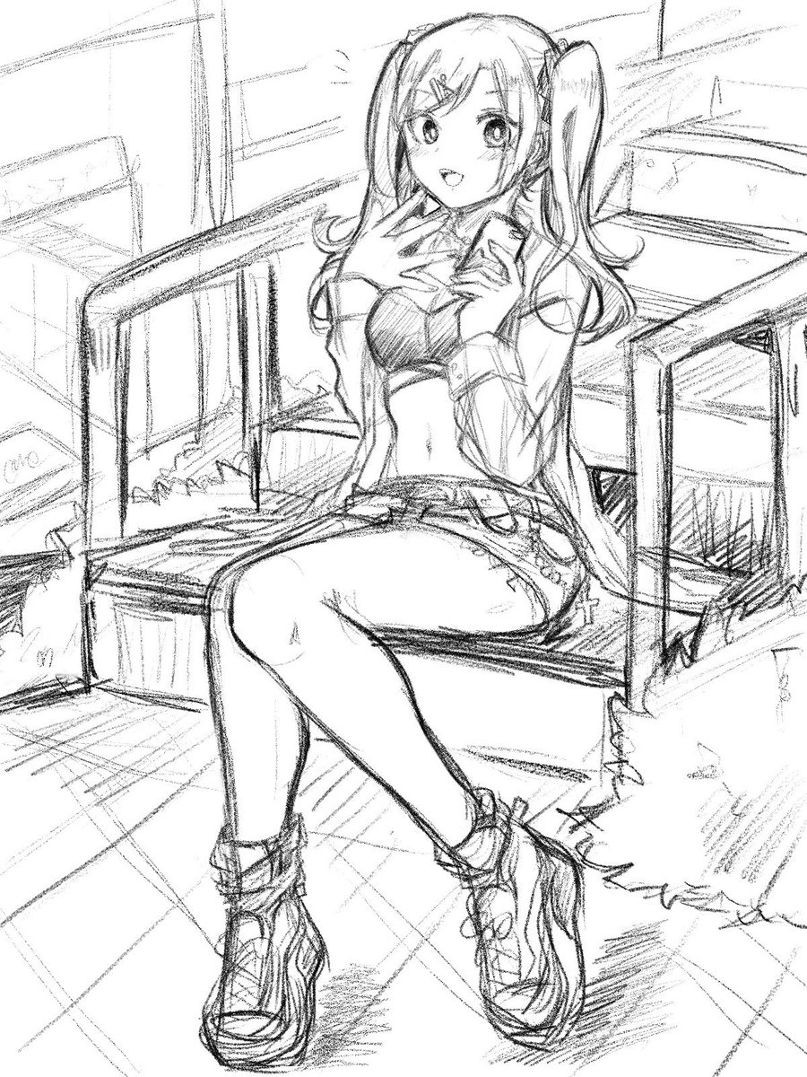 友達のiPad借りて描いた、『GWデートの待ち合わせで、階段に座って待ってたら、駅から出てきた私を一瞬で見つけて笑顔を向けてくれるハニーウィップちゃん』です。この後水族館デートに行くのでちょっとカジュアルな感じだけどセクシーさもあって可愛いですね。多分スタバでフラペチーノ奢ったら喜ぶ。