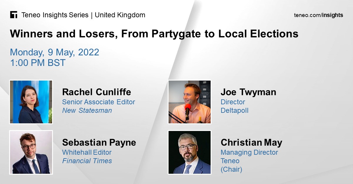 Teneo's tweet photo. Join moderator Christian May and panelists @RMCunliffe from @NewStatesman, @SebastianEPayne, Whitehall Editor at @FinancialTimes and @JoeTwyman, Director at @DeltapollUK on Monday, 9th May, at 1:00pm BST for a discussion on the UK’s political outlook. https://t.co/rLqwAxWSpe https://t.co/lgi1hyhLsa