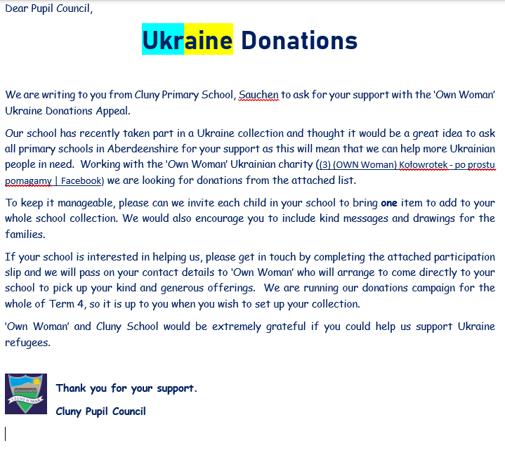 SchoolCluny's tweet photo. Please support our Aberdeenshire Schools Ukraine Donations Campaign https://t.co/pxVjEej5WV