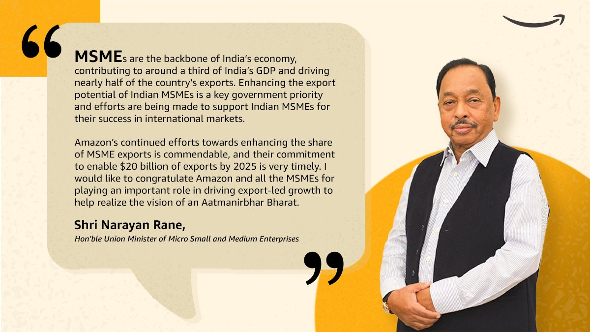 AmazonNews_IN's tweet photo. Driving export-led growth while helping to realise the vision for an Aatmanirbhar Bharat.

We are grateful to @MeNarayanRane for endorsing the role of e-commerce in empowering MSMEs. 

To learn more: https://t.co/3yc7sajJwh

@minmsme @PMOIndia

#MadeinIndia #MSMEs #ExportsDigest https://t.co/oolZkG2Y3t