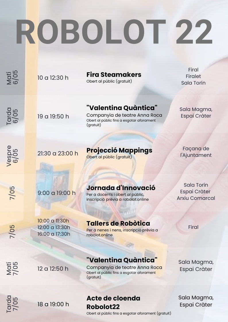 Queden poques hores per a començar Robolot22. ⌛️

Encara no saps què estem organitzant? Tallers de robòtica, fira de projectes, cultura, jornada d'innovació, concursos... dos dies per a endinsar-nos dins el món de la robòtica i la innovació educativa. T'hi esperem! 

#Robolot22