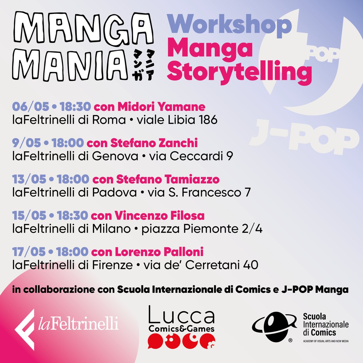 In occasione di #MangaManiaInFeltrinelli, un mese di presentazioni e laboratori per esplorare l’immaginario letterario e artistico del Sol Levante, #JPOPManga in collaborazione con la Scuola Internazionale di Comics👉bit.ly/3LCsJ9L