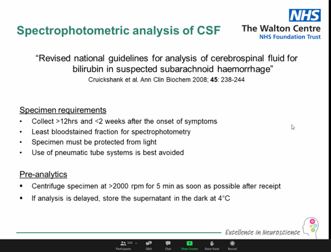 ukneqasiia's tweet photo. Our first #CSFAnalysis webinar continues with the revised national guidelines for CSF bilirubin analysis. We currently have 323 delegates viewing #TeamUKNEQAS @ukneqas https://t.co/SjAyydlOtD