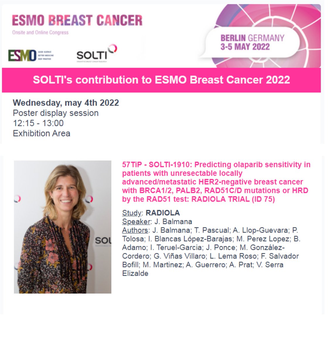 📢Today @ #ESMOBreast22 12:15 CET poster session👉4 SOLTI trials PATRICIA TiP bit.ly/38kP6lt AWARE-1 transl results bit.ly/3ve36pO PAMELA DFS results bit.ly/3OMdtt5 RADIOLA TiP bit.ly/3OCapzg @myESMO @hospitalclinic @VHIO @hospital12Oct