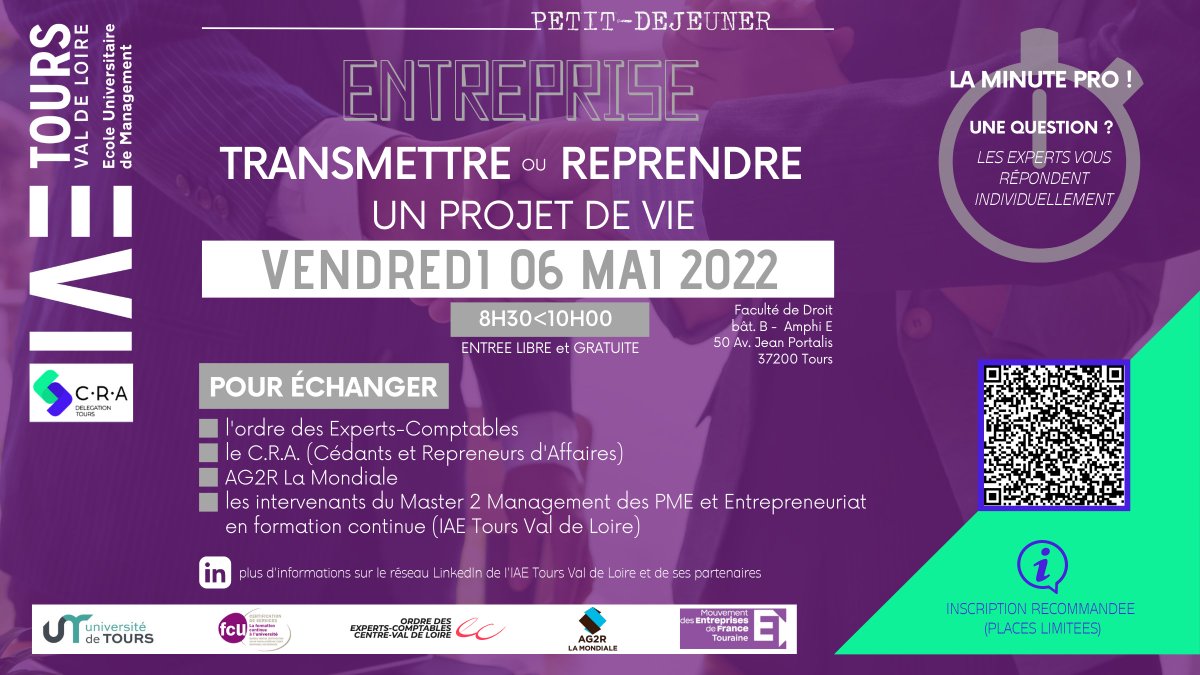J-2...Des questions sur la transmission et la reprise d'entreprise ?
#univtours #espritIAE #entreprise #reprisedentreprise #entrepreneuriat
<a href="/AG2RLAMONDIALE/">AG2R LA MONDIALE</a> 
<a href="/pepitecentre/">Pépite Centre-Val de Loire</a> 
@ccitouraine 
<a href="/CFA_UNIV/">CFA des Universités</a>