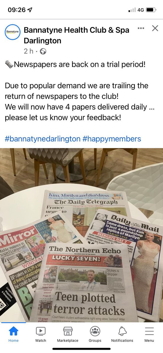 DianeHindson's tweet photo. Yippee!! Newspaper’s are back (hopefully magazines will soon follow). That’ll be even more coffee drinking @Bannatyne Darlington @DuncanBannatyne for me. Great that there’s now the loyalty scheme too. Thanks @ChrisGi65575154 for sharing. Thank you Bannatynes. Love being a member. https://t.co/QzhYzv38aS
