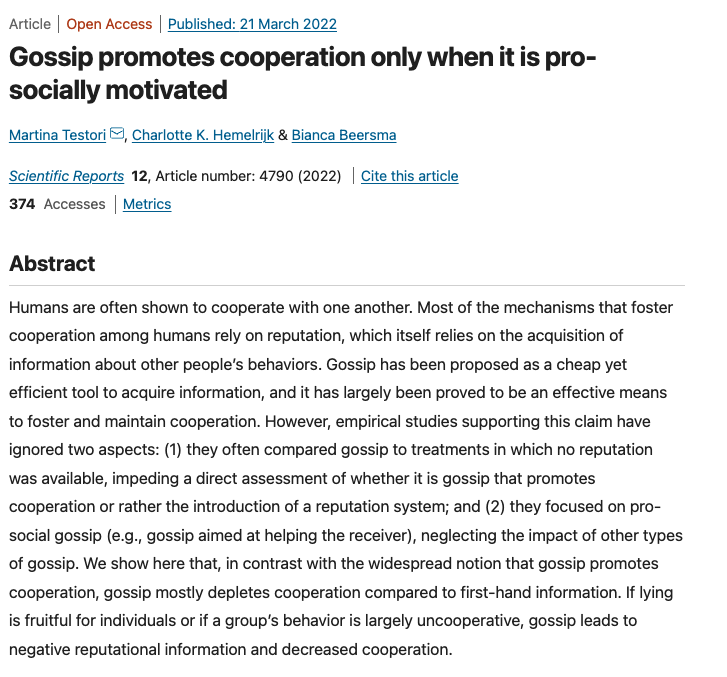 Martina Testori (@martina_testori) on Twitter photo ⚡️New article out <a href="/SciReports/">Scientific Reports</a> on 🗨️#gossip and 🤝#cooperation, in collaboration with <a href="/biancabeersma/">Bianca Beersma</a> and Charlotte Hemelrijk. #openaccess #ABM #psychtwitter
👉 doi.org/10.1038/s41598… ⚡️New article out <a href="/SciReports/">Scientific Reports</a> on 🗨️#gossip and 🤝#cooperation, in collaboration with <a href="/biancabeersma/">Bianca Beersma</a> and Charlotte Hemelrijk. #openaccess #ABM #psychtwitter
👉 doi.org/10.1038/s41598…