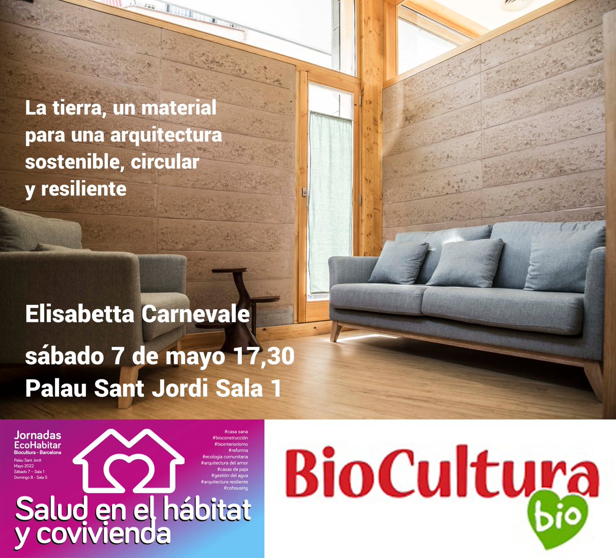 En las Jornadas Salud en el Hábitat y CO-vivienda organizadas por @eco_habitar en <a href="/biocultura/">BioCultura</a> BCN, hablaré de la tierra, un material, sostenible, circular y resiliente para vivir en ambientes sanos. Este sábado a las 17,30 en el Palau Sant Jordi.
bit.ly/3ydITCK