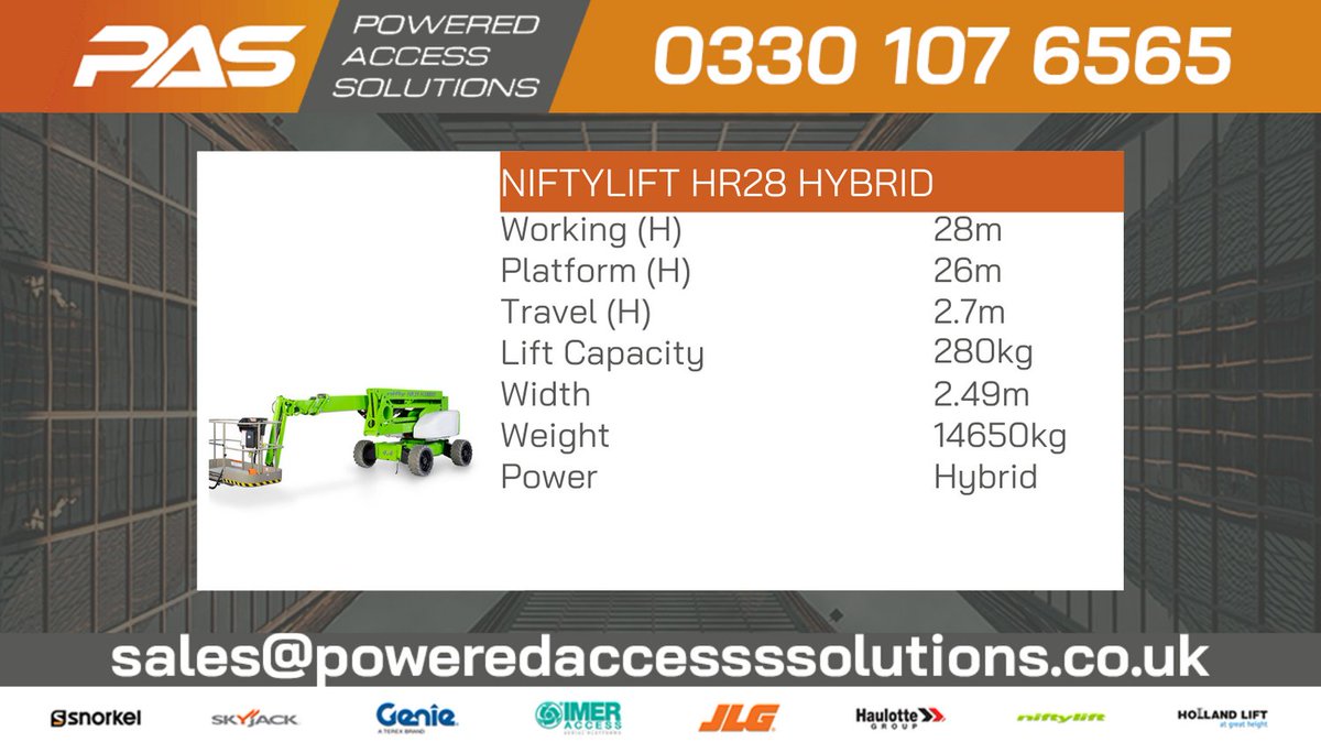 🟠🟠The HR28 Hybrid 🟠🟠

Combining advanced power-source technology with efficient 4x4, the Niftylift HR28 Hybrid delivers outstanding performance from a compact and low-weight design

View &amp; Download product spec - poweredaccesssolutions.co.uk/boom-hire/nift…

#Poweredaccess