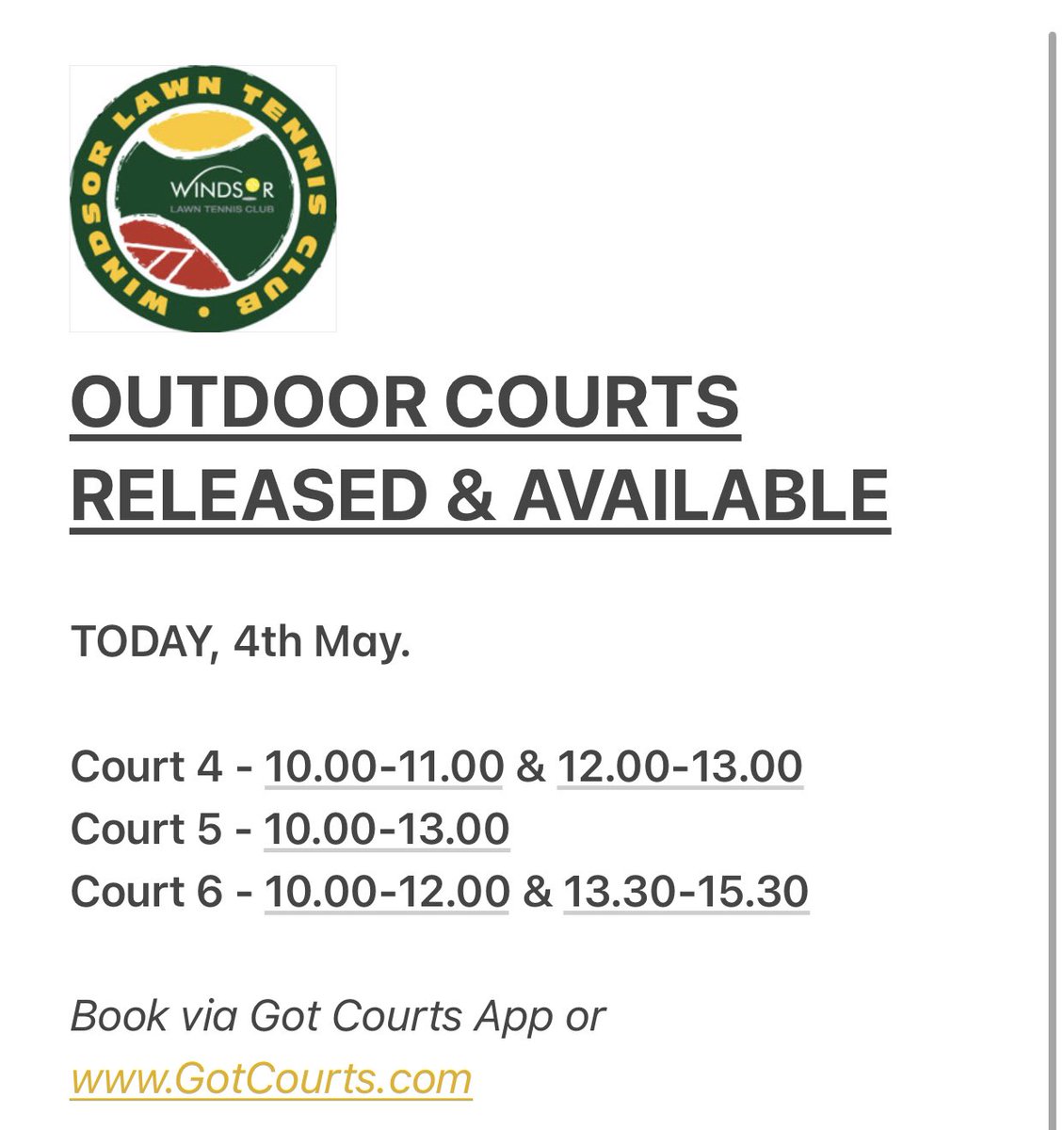 windsorlawn's tweet photo. COURTS NOW AVAILABLE @WLTC TODAY. Book via got courts app. #wltc https://t.co/MFFu2rkOup