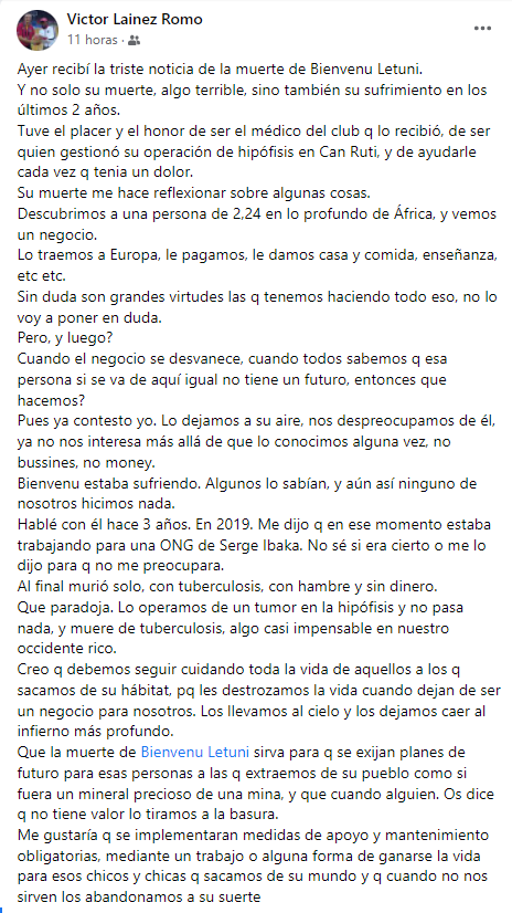 PitiHurtado's tweet photo. Con su permiso, comparto este texto de Víctor Lainez, médico del Joventut cuando Bienvenu Letuni llegó a España. Recientemente fallecido.
En canteras pedimos fichajes y grandes que lleguen de África. Ha de ser obligatorio un plan para el postbaloncesto. Misión de todos. https://t.co/jGv3kJDIXl