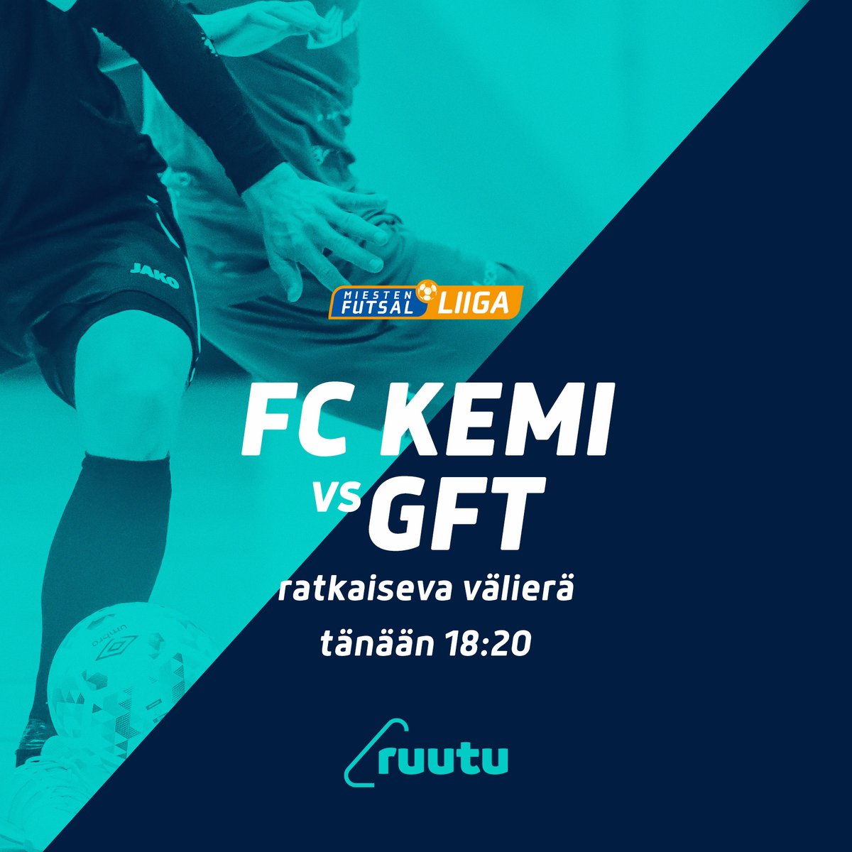 RuutuUrheilu's tweet photo. Nyt ratkaistaan finaalipaikka! 💪 FC Kemi ja GFT kohtaavat miesten Futsal-Liigan viidennessä ja ratkaisevassa välierässä ⚽ 

Kaava on selvä: voittaja finaaliin KaDya vastaan. Suora lähetys klo 18:20 alkaen 🖥

#futsal #ruutu #välierä https://t.co/aA1lXXYER7