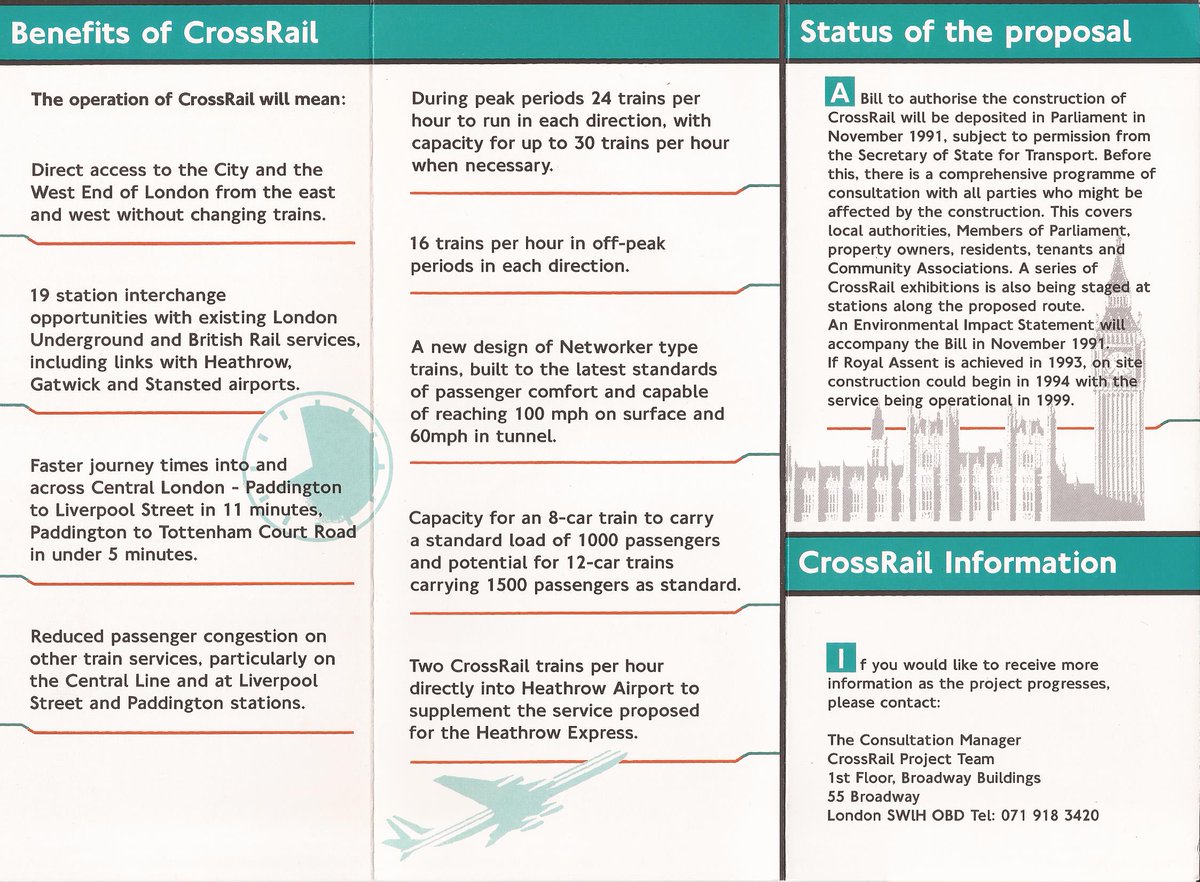 #Throwback: In 1991, a @Crossrail information leaflet proposed the opening of the service in year 1999. At the time, the #Crossrail project in the 1990s was a joint venture between London Underground and Network SouthEast. x.com/clondoner92/st…