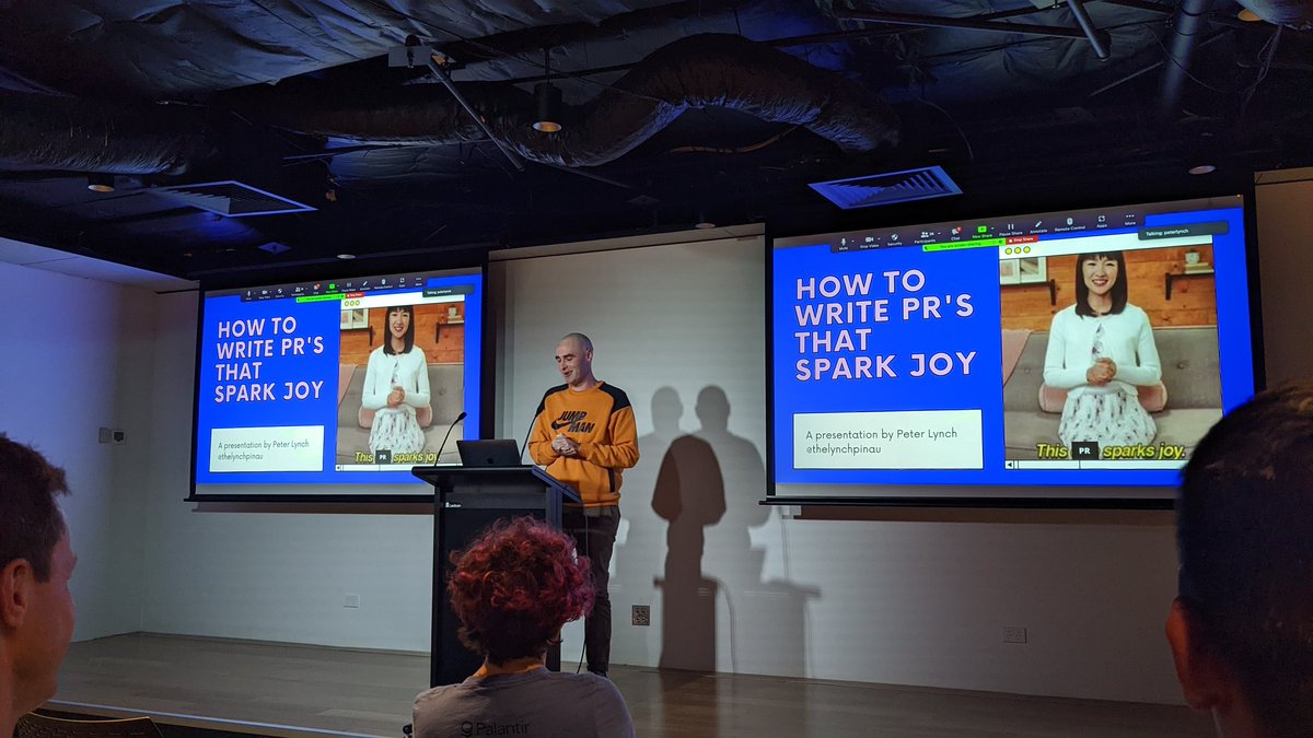 DDDMelb's tweet photo. Our third speaker for #DDDByNight is getting us to make a checklist. @thelynchpinau sparking joy for your code reviews!!! #DDDMelb https://t.co/yM3Nz8gYTs