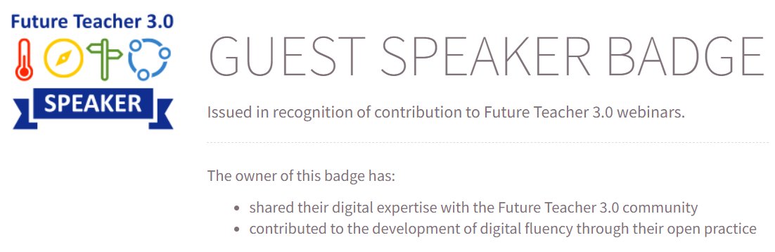 vikkiliogier's tweet photo. Delighted to receive my GUEST SPEAKER BADGE
Issued in recognition of contribution to Future Teacher 3.0 webinars 😀 Merci 🙏!
https://t.co/GjqWFn7i65
@alistairm @xlearn @ronm123 @futureteacher30
#OpenBadgeFactory #EdTech #edutwitter https://t.co/BzBJyHiMq5