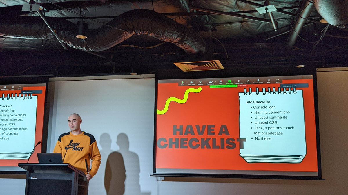 DDDMelb's tweet photo. Our third speaker for #DDDByNight is getting us to make a checklist. @thelynchpinau sparking joy for your code reviews!!! #DDDMelb https://t.co/yM3Nz8gYTs