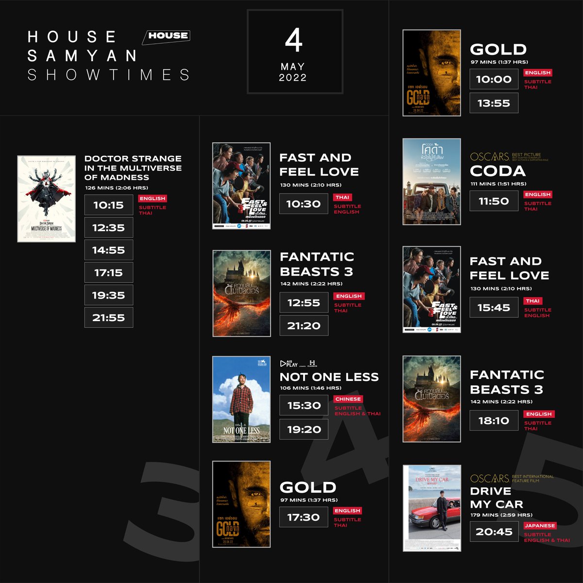 houseSamyan's tweet photo. ตารางฉายประจำวันที่ 4 พฤษภาคม 2565
#Showtime Schedule for 4 May 2022
#HouseSAMYAN
.
#DoctorStrange #MultiverseOfMadness
#NotOneLess House Classics
#Gold #FantasticBeasts3
#FastAndFeelLove #Belfast #CODA #DriveMyCar #movietwit https://t.co/iLatydYWXK