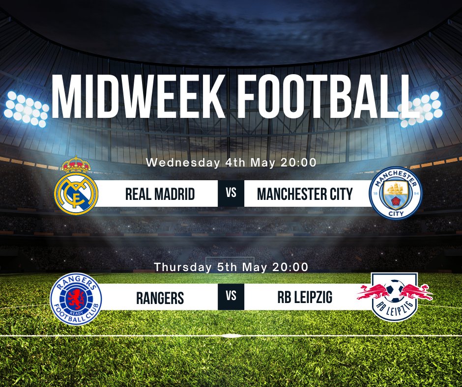 NewburghInn's tweet photo. MIDWEEK FOOTBALL!   Football will be shown live all week.  Tonight we have Real Madrid vs Man City at 8pm and tomorrow we have Rangers vs RB Leipzig at 8pm ⚽️  

🍟 Free half time snacks   

⏰ Open until the end, even if there is extra time and penalties https://t.co/66fXlksLLf