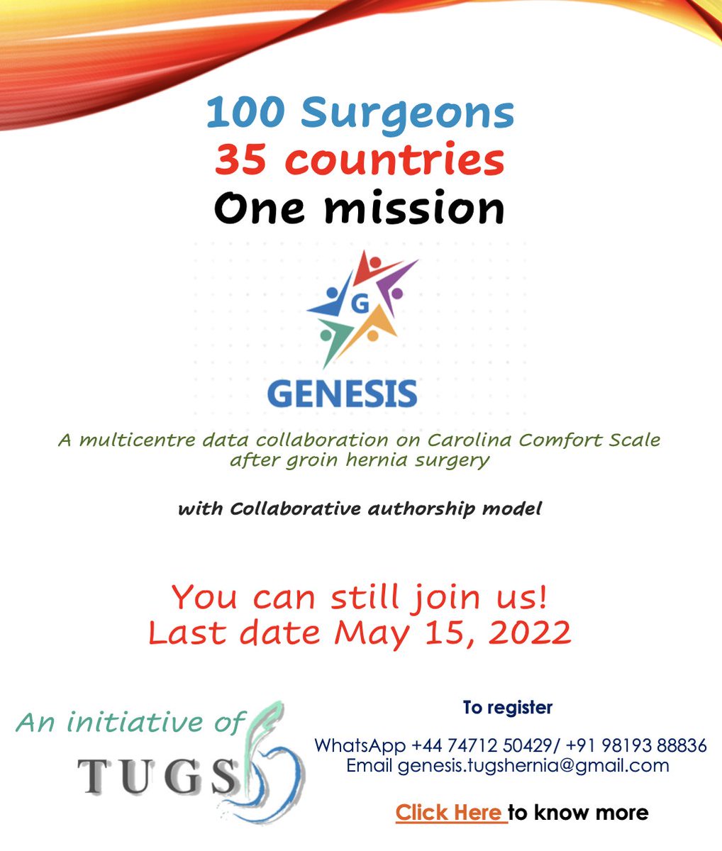 TUGSS (@t4ugis) on Twitter photo Hernia Surgeons - We need you! Join us for this international collaborative project - GENESIS Study to understand patient reported outcome measures following Inguinal hernia repair.
To register: genesis.tugshernia@gmail.com Hernia Surgeons - We need you! Join us for this international collaborative project - GENESIS Study to understand patient reported outcome measures following Inguinal hernia repair.
To register: genesis.tugshernia@gmail.com