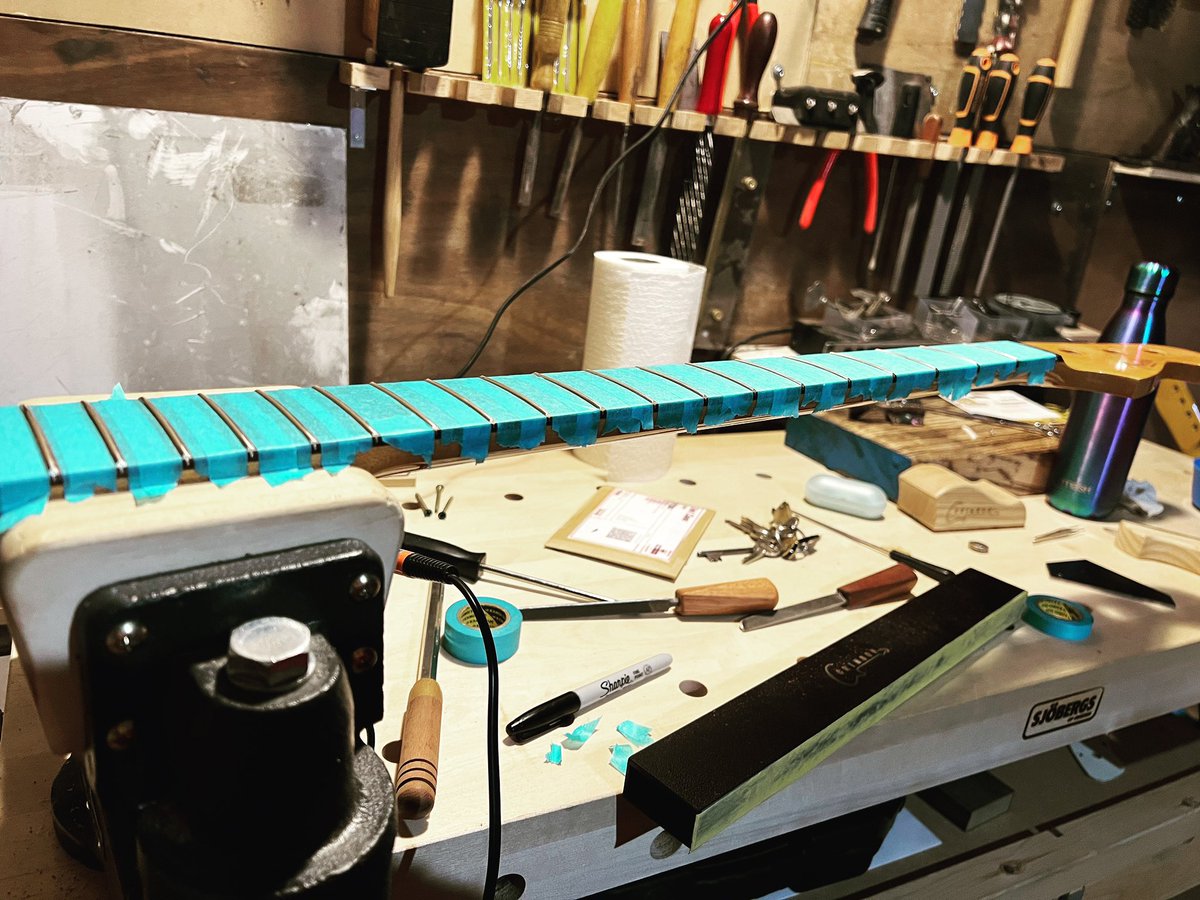 Final bit of fretwork . Crowning and last bit of levelling on this before polishing and fitting the nut on a Jazz Bass profile neck for @chrismullin_  for his old Early 80s Squire JV Precision bass who’s neck was sadly a bit far from repairable . This neck has turned great