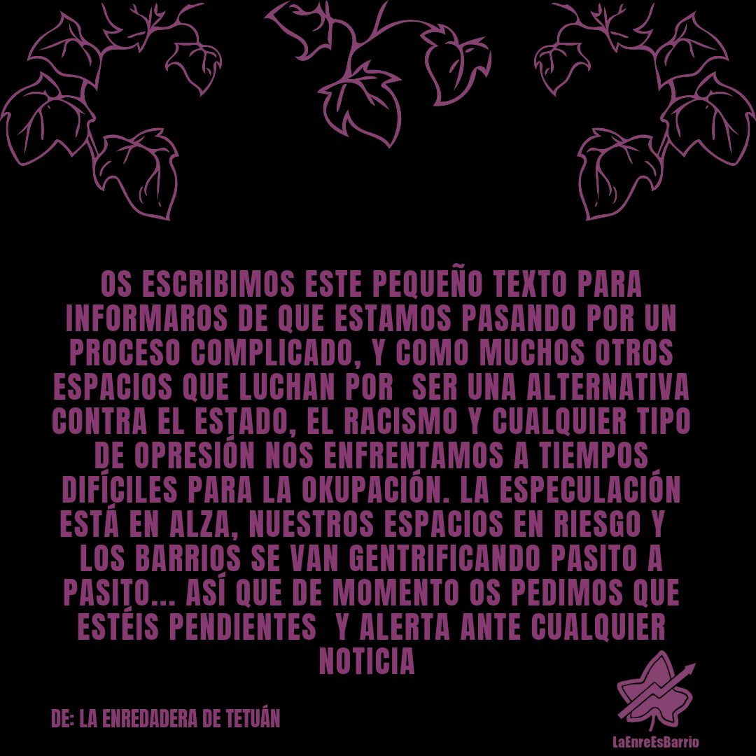 📢📢 ‼‼
La gentrificación sigue avanzando en el barrio y cada vez la sentimos más cercana 🏗
<a href="/3peces3/">CSA Tres Peces Tres</a> 
<a href="/csolatraba/">La Traba</a> 
<a href="/LaPiluka_CS/">Centro Social La Piluka</a> 
<a href="/CsaBarco/">CSA EL BARCO</a> 
<a href="/CSOlaCasiKa/">CSO La CasiKa</a>
@tabernabi
@baladrinas
<a href="/lumpenprekariat/">Alicia Ramos</a>
<a href="/LaOsaCoop/">LA OSA</a>
<a href="/ElSaltoMadrid/">El Salto Madrid</a>
<a href="/somos_tetuan/">Somos Tetuán</a>
<a href="/asocvec4Ctetuan/">Asociación Vecinal Cuatro Caminos-Tetuán</a> 
<a href="/olgaberrios/">Olga Berrios 🦆🚲🏳‍🌈</a>
<a href="/mon_ocho/">mÓn</a>