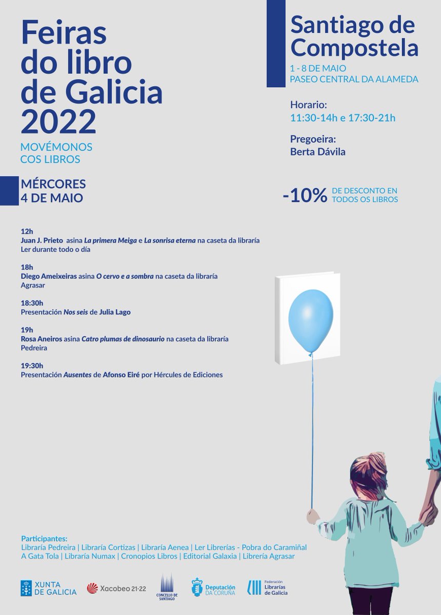Cuarto día da #FeiradoLibro de Compostela. 

Non perdades as actividades que teñen preparado as librarías <a href="/lerlibrerias/">Ler Santa Comba</a>, <a href="/libpedreira/">libraría Pedreira🍍🍉</a>, Agrasar e <a href="/HerculesEdicion/">Hércules Ediciones</a> 

Hoxe con <a href="/juanjprietop/">JUAN J. PRIETO</a>, <a href="/diegoameixeiras/">Diego Ameixeiras</a>, Julia Lago, <a href="/RosaAneiros/">Rosa Aneiros</a> e Alfonso Eiré

#MovémonosCosLibros