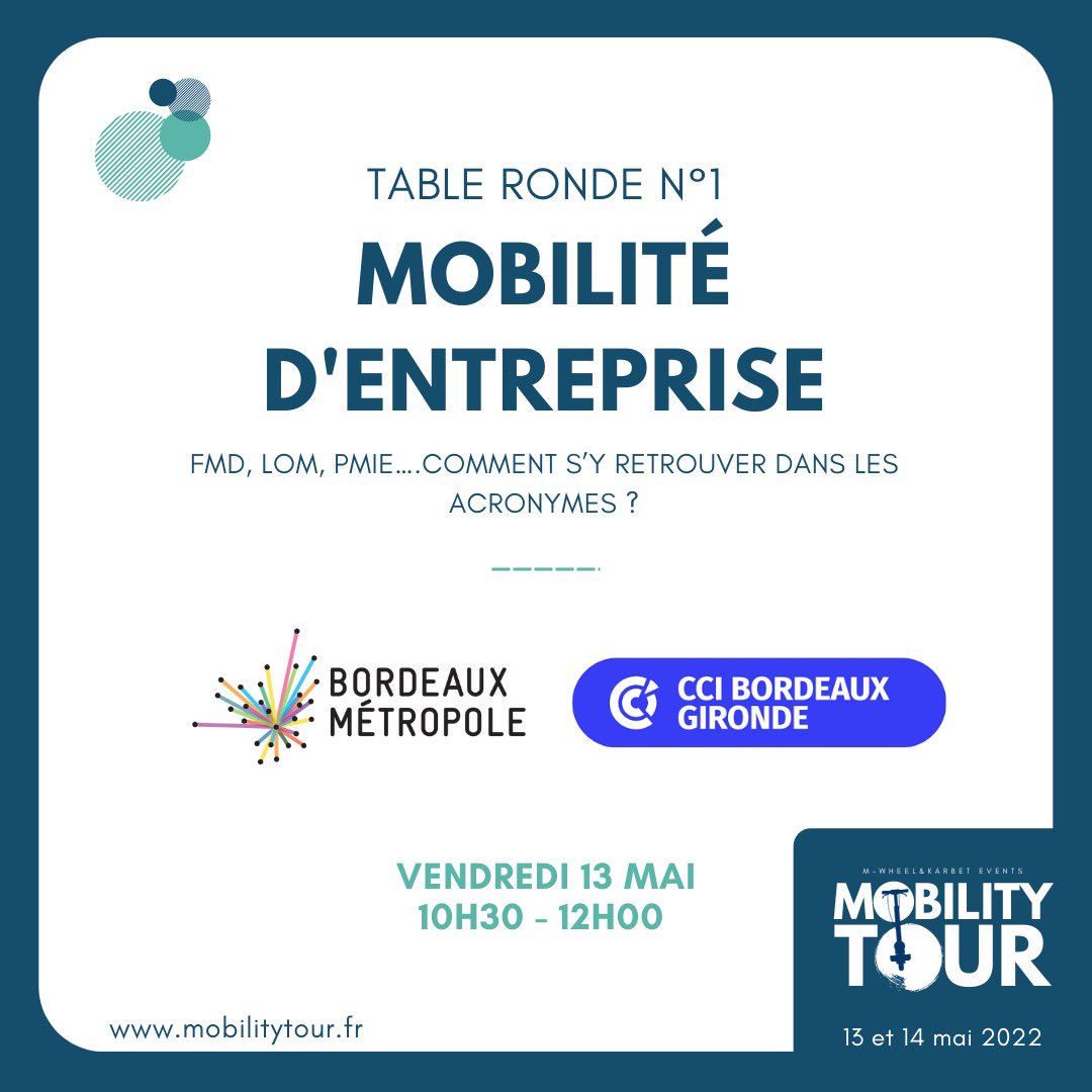 Retrouvez notre première table ronde thématique, qui se concentrera sur les questions de mobilité pour les entreprises. Inscription via le lien : my.weezevent.com/mobility-tour
<a href="/BxMetro/">Bordeaux Métropole</a> <a href="/CCIBdxGironde/">CCI Bordeaux Gironde</a>  
#mobilitytour #bordeaux #prévention #innovation #tablesrondes #ecomobilité