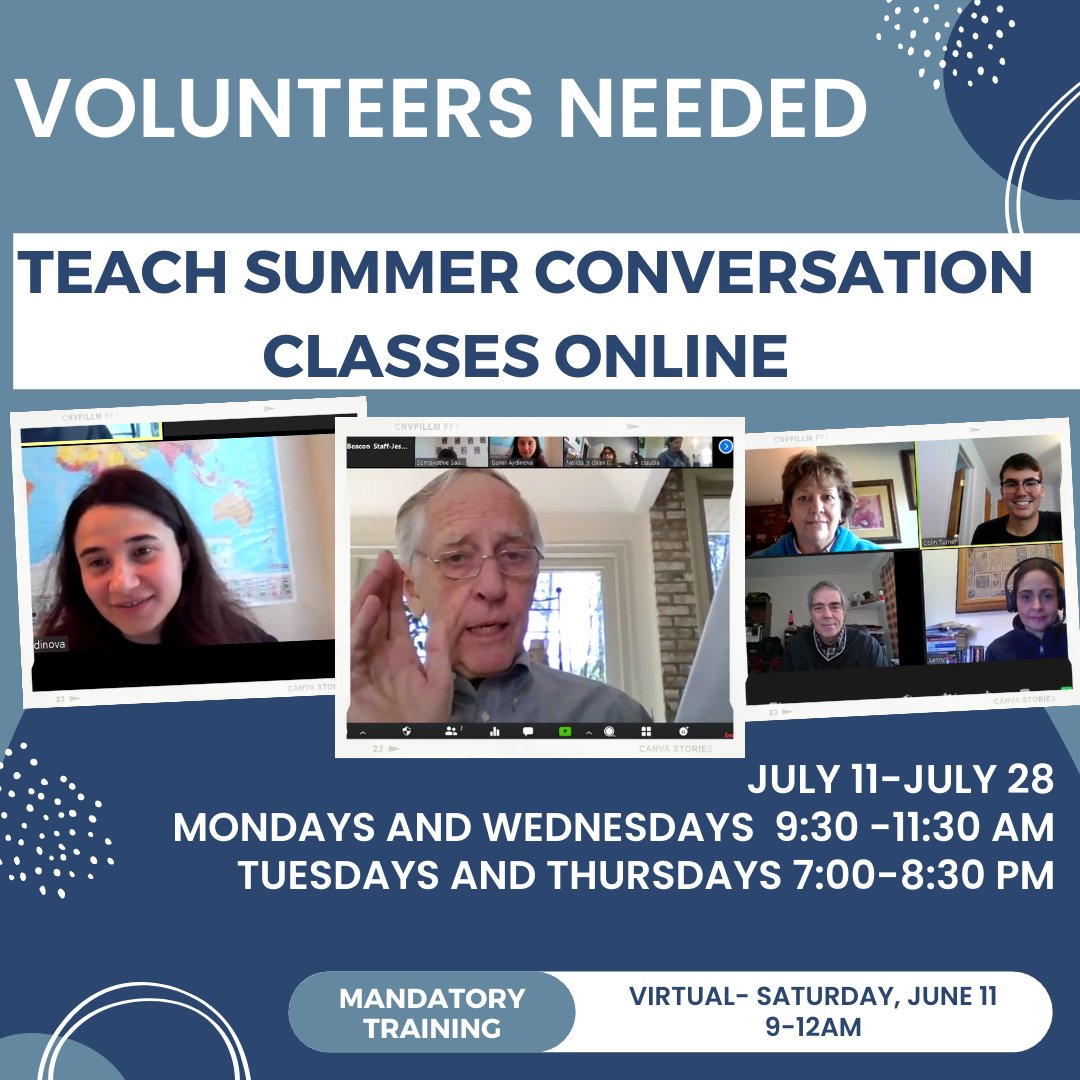 Summer is just around the corner and we are currently recruiting volunteer instructors to teach our online summer conversation classes for adult English language learners! 
Fill out a volunteer application on our website before June 1st beaconliteracy.org/get-involved/v….