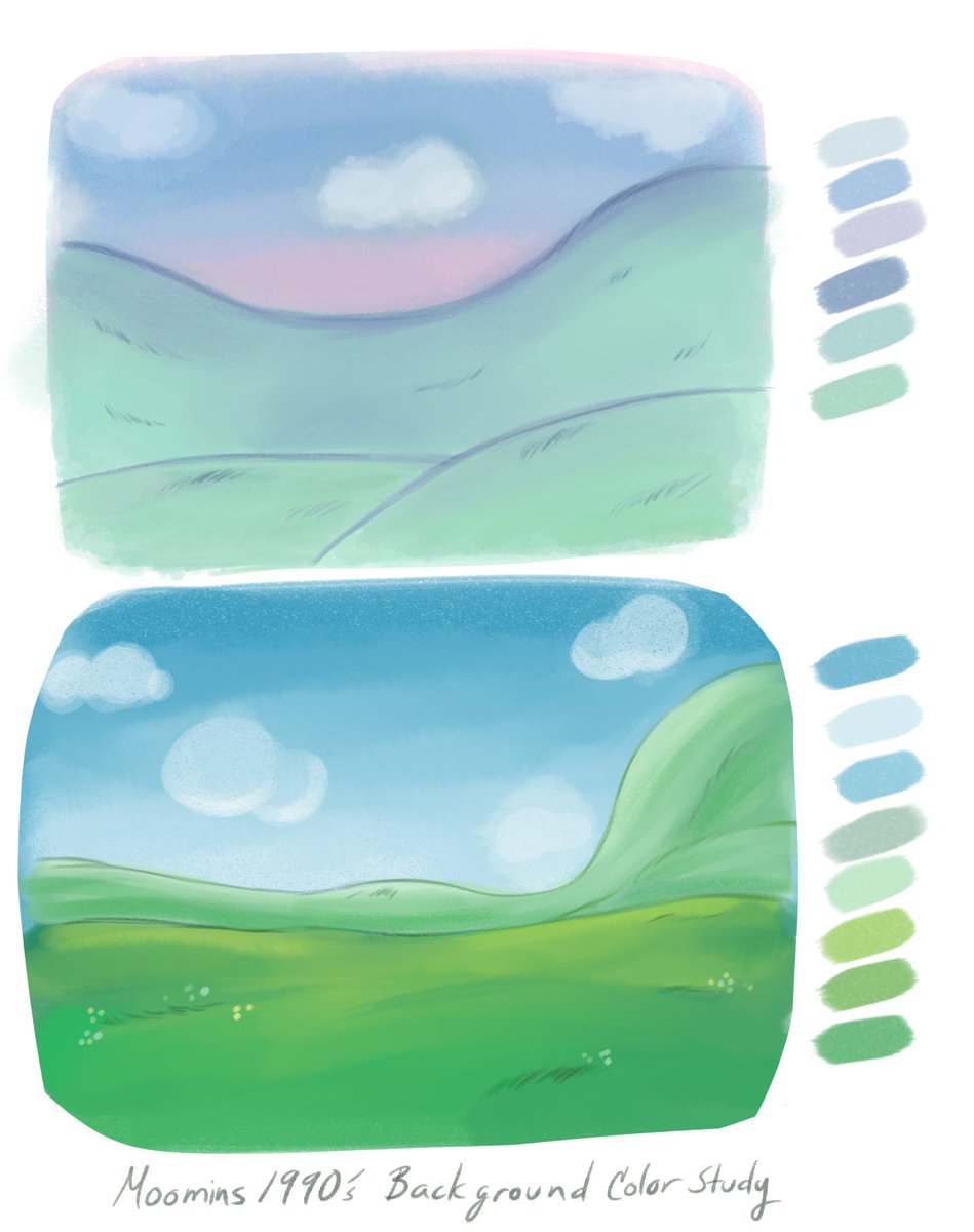 Doing some background color studies while watching 90's #Moomin cartoons. There's such a wide range of colors used in the valley and it's all so amazingly layered.