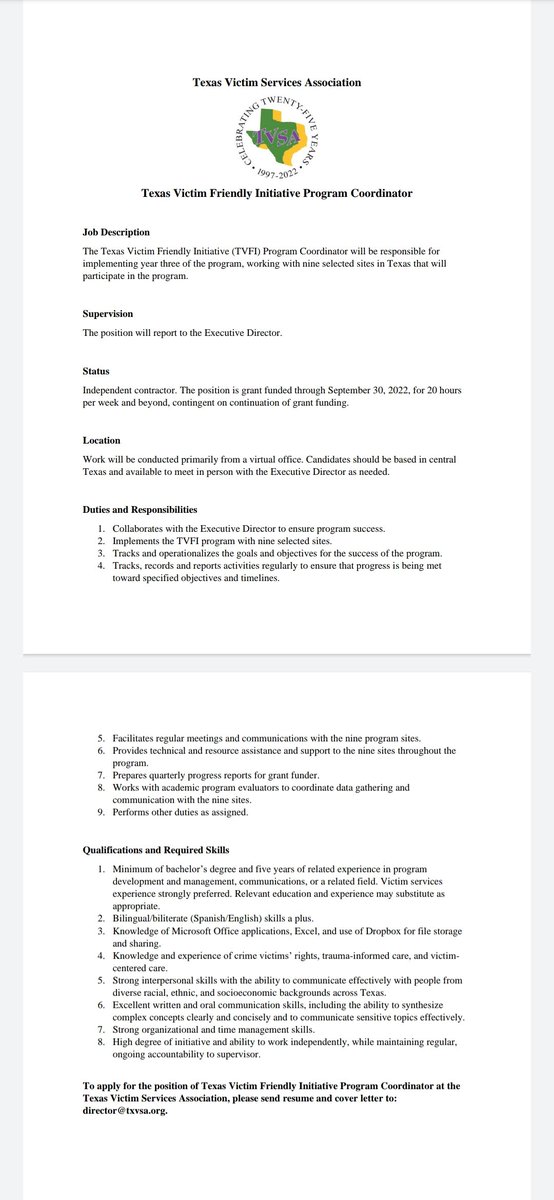 CVI_SHSU's tweet photo. @TxVSA is hiring for two positions! Scroll through the pictures for more information on the job requirements and responsibilities! For more information or if you would like to apply, email your resume and cover letter to director@txvsa.org https://t.co/7QsaRhgvpJ