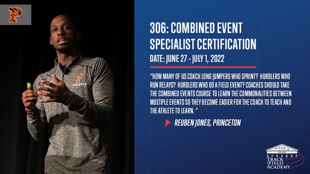 .<a href="/reubenajones/">Reuben Jones</a> of <a href="/PrincetonTrack/">Princeton Track/XC</a> will teach "TFA 306: Combined Event Specialist Certification" from June 27 to July 1, 2022! 

Learn more about that course and all of the others offered as part of TFA by visiting this link - web2.ustfccca.org/tfa/