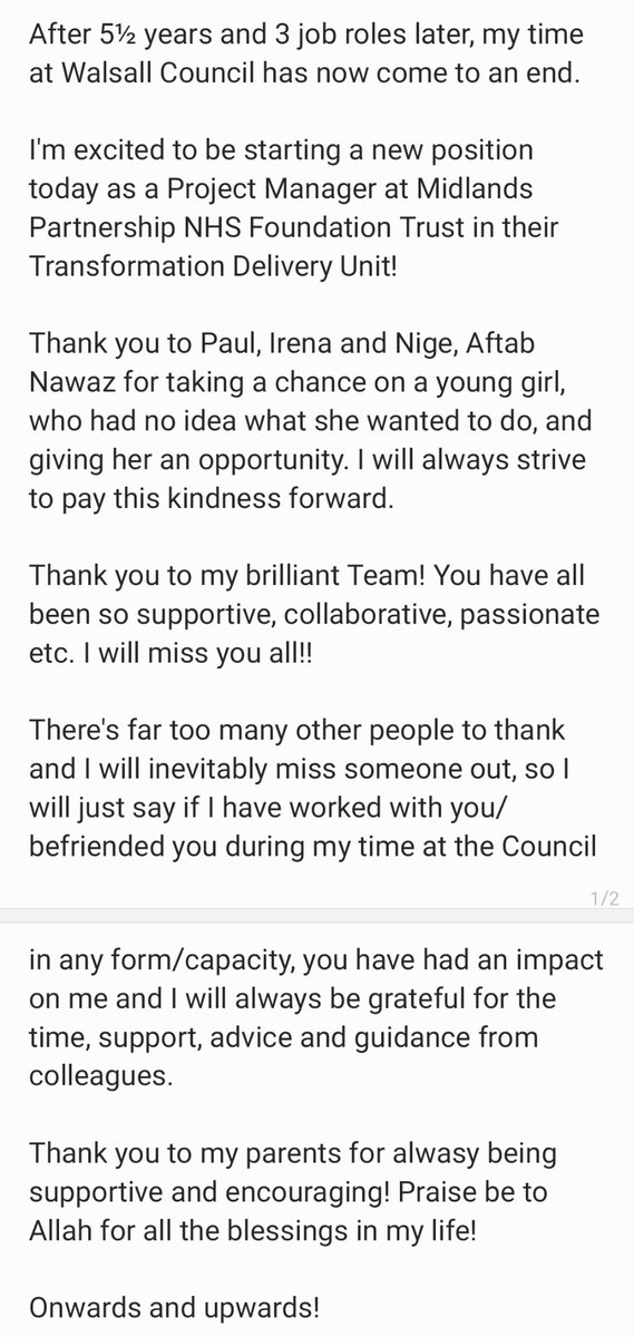 After 5½ years, my time at <a href="/WalsallCouncil/">Walsall Council</a> has come to an end. 

Excited to start my new role as a Project Manager at Midlands Partnership NHS Foundation Trust today! 🎉

Thank you to everyone who has supported me!💕 Onwards and upwards! 🙌🏽

#NewJob #projectmanagement #NHS