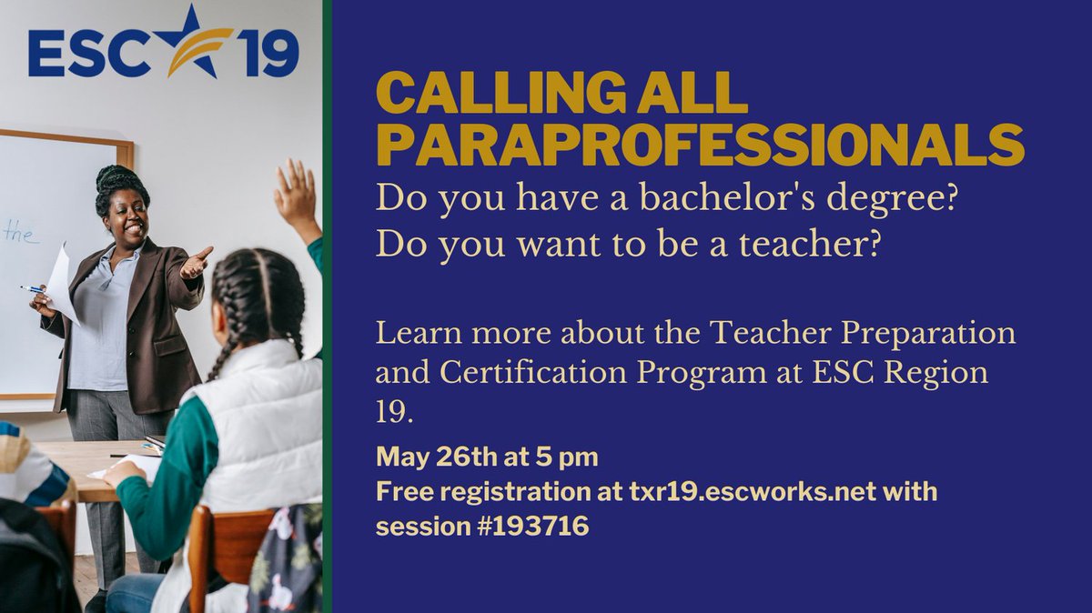 Tag and share with someone that will make a great teacher! Register at txr19.escworks.net with session#193366. @TPCP_Region19 <a href="/Liz_C_Bonilla/">Elizabeth Bonilla</a> <a href="/ESCRegion19/">ESC-Region 19</a> <a href="/EHinojosESC19/">Eddie Hinojos</a> <a href="/SocorroISD/">Socorro ISD</a> <a href="/YsletaISD/">Ysleta ISD</a> <a href="/ClintISD/">Clint ISD</a> <a href="/ELPASO_ISD/">El Paso ISD</a> <a href="/SanElizarioISD/">San Elizario ISD</a> <a href="/TornilloISD/">Tornillo I.S.D.</a> @FISD_Wildcats <a href="/SierraBlancaISD/">Sierra_Blanca ISD</a>
