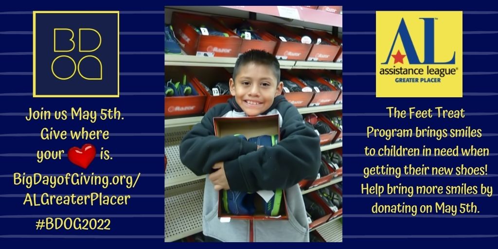 Help provide  children in need with school shoes by donating to Assistance League of Greater Placer. You can donate now or on May 5th at BigDayofGiving.org/ALGreaterPlacer
#ssistanceleague #BDOG2022