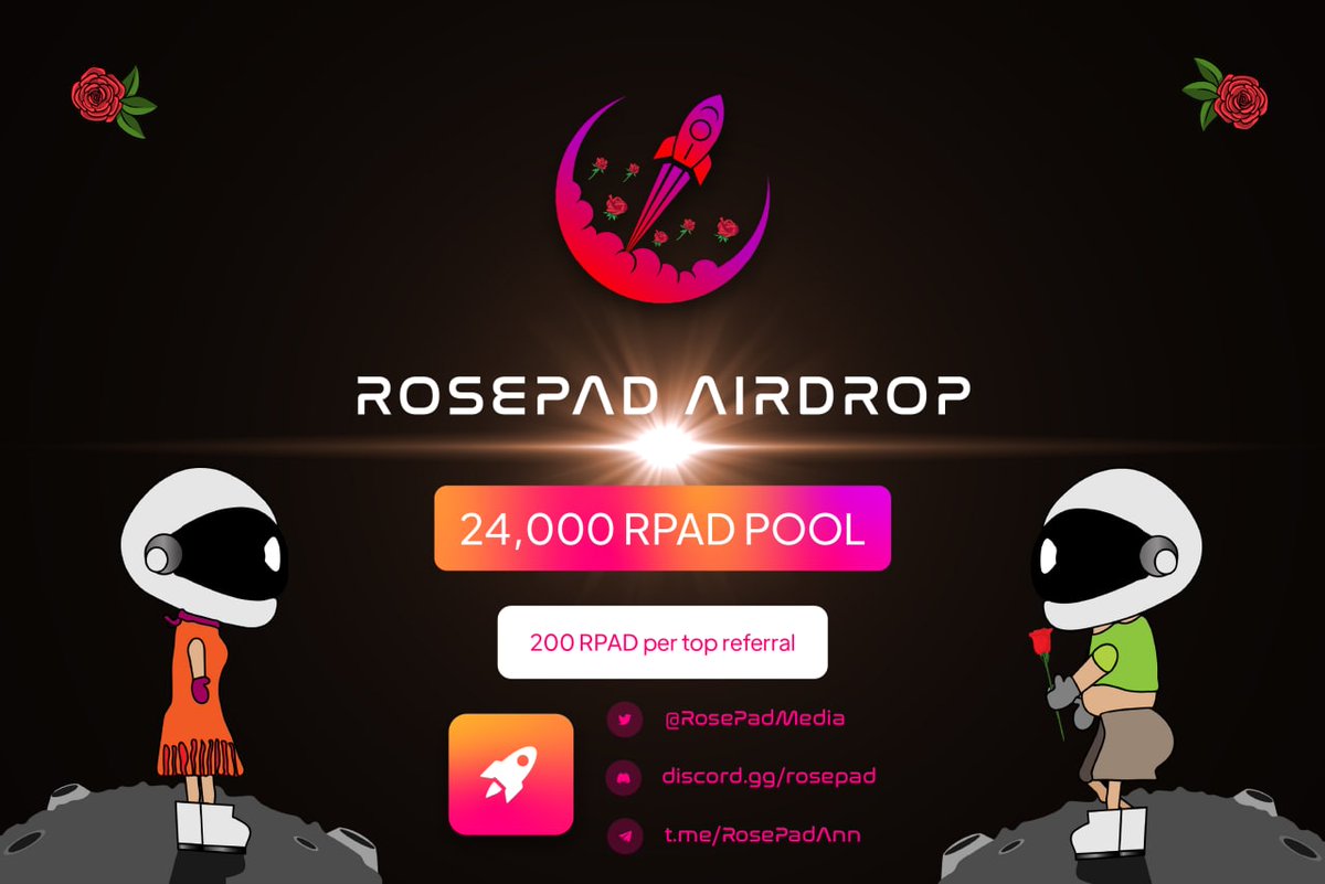 🚀 Airdrop: RosePad
💰 Value: 20 $RPAD
👥 Referral: 200 $RPAD
📒 Partnership: Oddiyana Ventures, MoonWhale, Stakely, Kaso2Ka, Fairum, Cogitent, AlphaCrypto
📅 End Date: 21st May, 2022

Talk with the Telegram Bot
t.me/RosePadAirdrop…

#Airdrop #Crypto #Airdrops #giveaway
