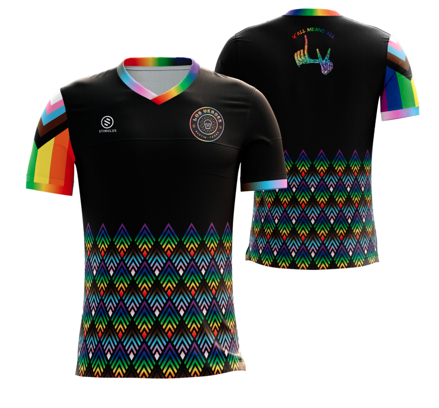 LosVerdesATX's tweet photo. The Say Gay Kit: LV's 1st Pride kit designed by @MeStarSosa, benefiting @TransTexas

We believe that all persons should be able to live authentically no matter where they live. Show your love for our  LGBTQIA+ family and wear the colors with Pride! #Verde 
https://t.co/iuqTi0CyQ6 https://t.co/6rPjp8DAId
