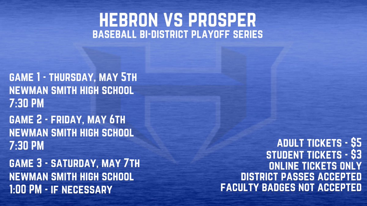 Good luck to <a href="/HebronBaseball/">HebronHawksBaseballBooster</a> in their Bi-District Playoff Series against Prosper! ⚾️👏
Ticket link: events.ticketspicket.com/agency/92840e8…