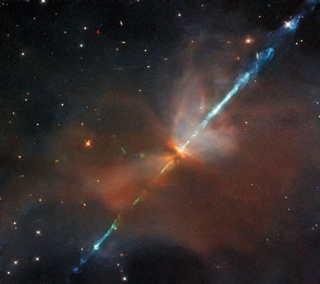 NASAHubble's tweet image. #MayTheFourth be with you!

This cosmic &quot;lightsaber&quot; is actually a Herbig-Haro object named HH111.

A Herbig-Haro object forms when hot gas ejected by a newborn star collides with gas and dust around it at hundreds of miles per second: go.nasa.gov/3kCzYmn

Happy #StarWarsDay!