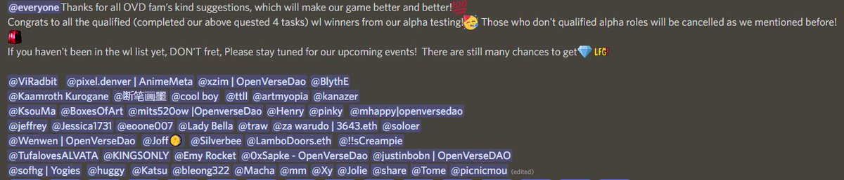 Congrats to all the qualified wl winners from our alpha testing!🥳
Thanks for all OVD fam’s kind suggestions!💚

If you haven't been in the wl list yet, DON'T fret, there are still many chances to get our <a href="/OpenVerseDao/">OpenVerseDao</a> wl spots. Stay tuned!🙏

#WEB3  #alpha #Metaverse  #OpenVerse