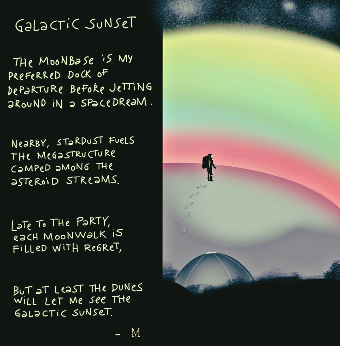 Gn fam, will be on 2-3 weeks training w/ exam so may be on/off tweets. Will tempo leave you with some art am working on w/ some of poem prompts (minting soon).

Galactic Sunset. Things doesn't always go our way, but there's always something to be thankful for 💙

#nft #poem
