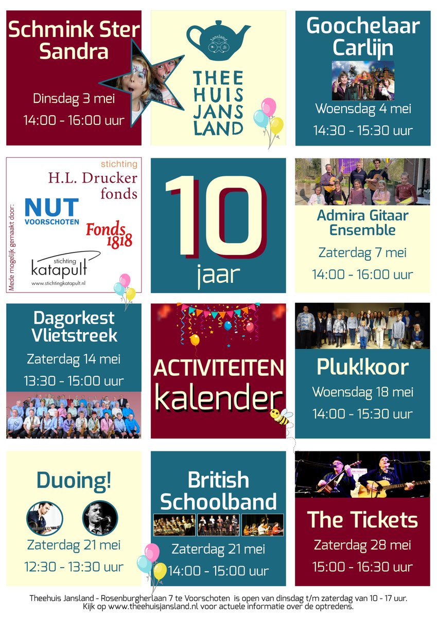 Ons mooie jubileumprogramma kunnen wij deze maand organiseren dankzij steun van H.L. Druckerfonds, Stichting Katapult, NUT Voorschoten en <a href="/Fonds1818/">Fonds 1818</a>.