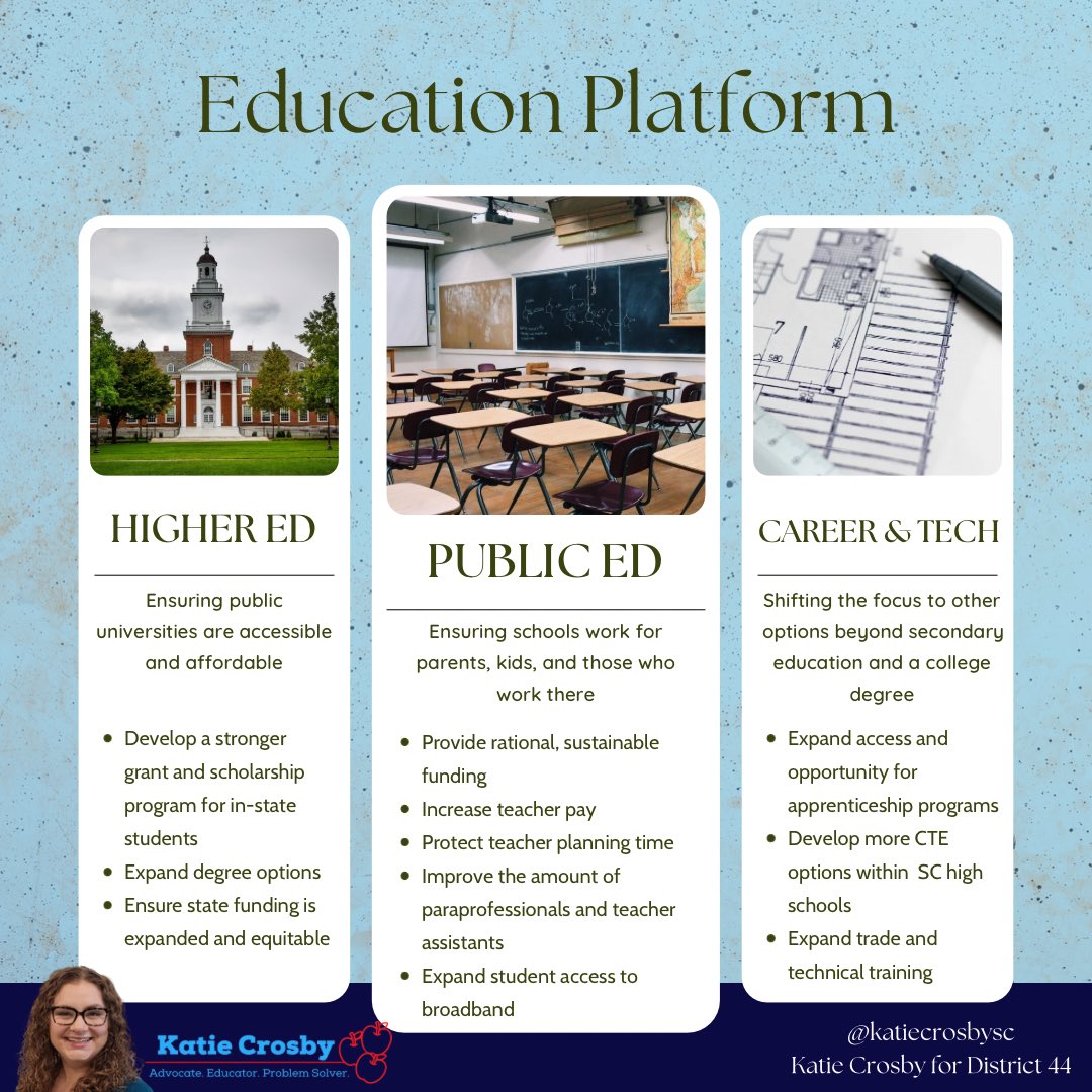 CrosbyForSC's tweet photo. Today we start our #winningplatformwednesday! With it being #TeacherAppreciationWeek and as a former public school teacher, the obvious place to start is education. Check out my education platform below: #doitfor44 https://t.co/LlU79kxOoa