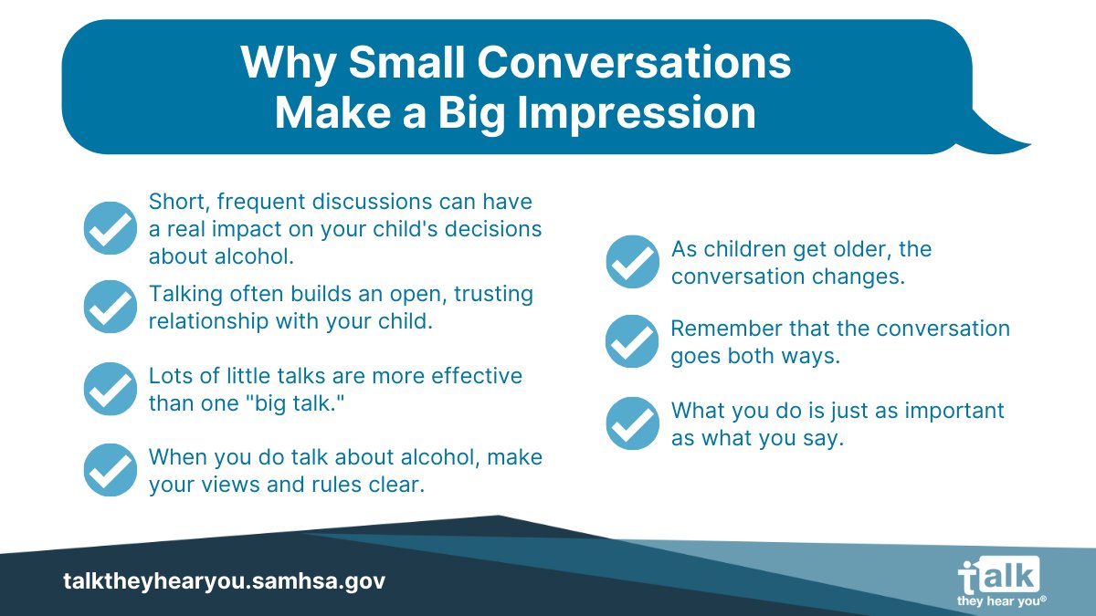 Having short, frequent conversations 🗣️ with your kids about alcohol and other drugs can make a huge impact.

Celebrate #NationalPreventionWeek by starting the discussion with <a href="/samhsagov/">SAMHSA</a>’s #TalkTheyHearYou campaign 👉 samhsa.gov/talk-they-hear… #NPW2022