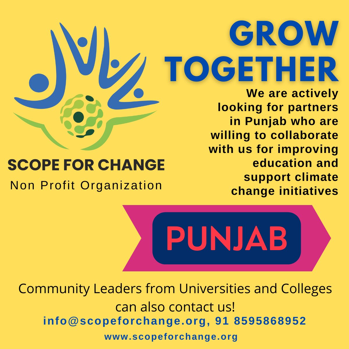 ScopeChange's tweet photo. We are #planning to #expand our base in #Punjab. Our core areas of impact would be #Education and #Environment. 
Please drop an email at info@scopeforchange.org or ping us at +91 8595868952. Looking forward to the overall #development of Punjab! https://t.co/IZbDO1k1jR